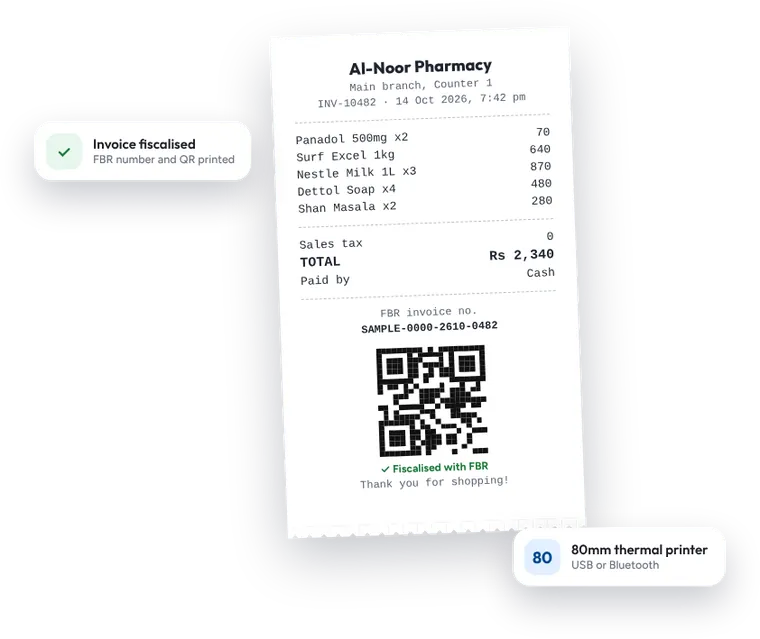 Thermal receipt from the POS software with an FBR invoice number and QR code