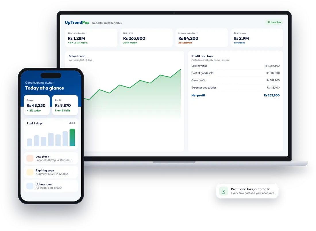 POS software reports with monthly sales, profit and loss and an owner dashboard on a phone